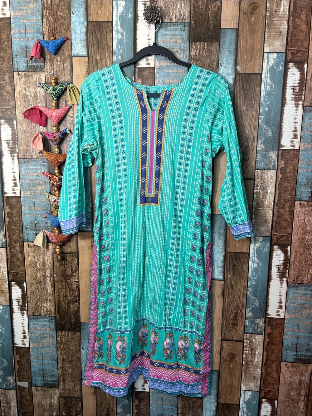 Turquoise Printed Long Sleeve Tunic Dress with Contrast Trim - Picture 1 of 16